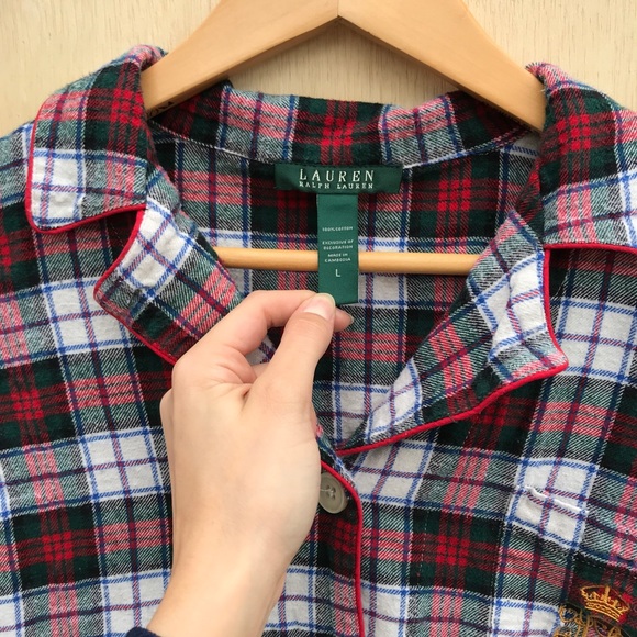 Ralph Lauren Plaid Monogram Button Down Sleep Top - Picture 3 of 8